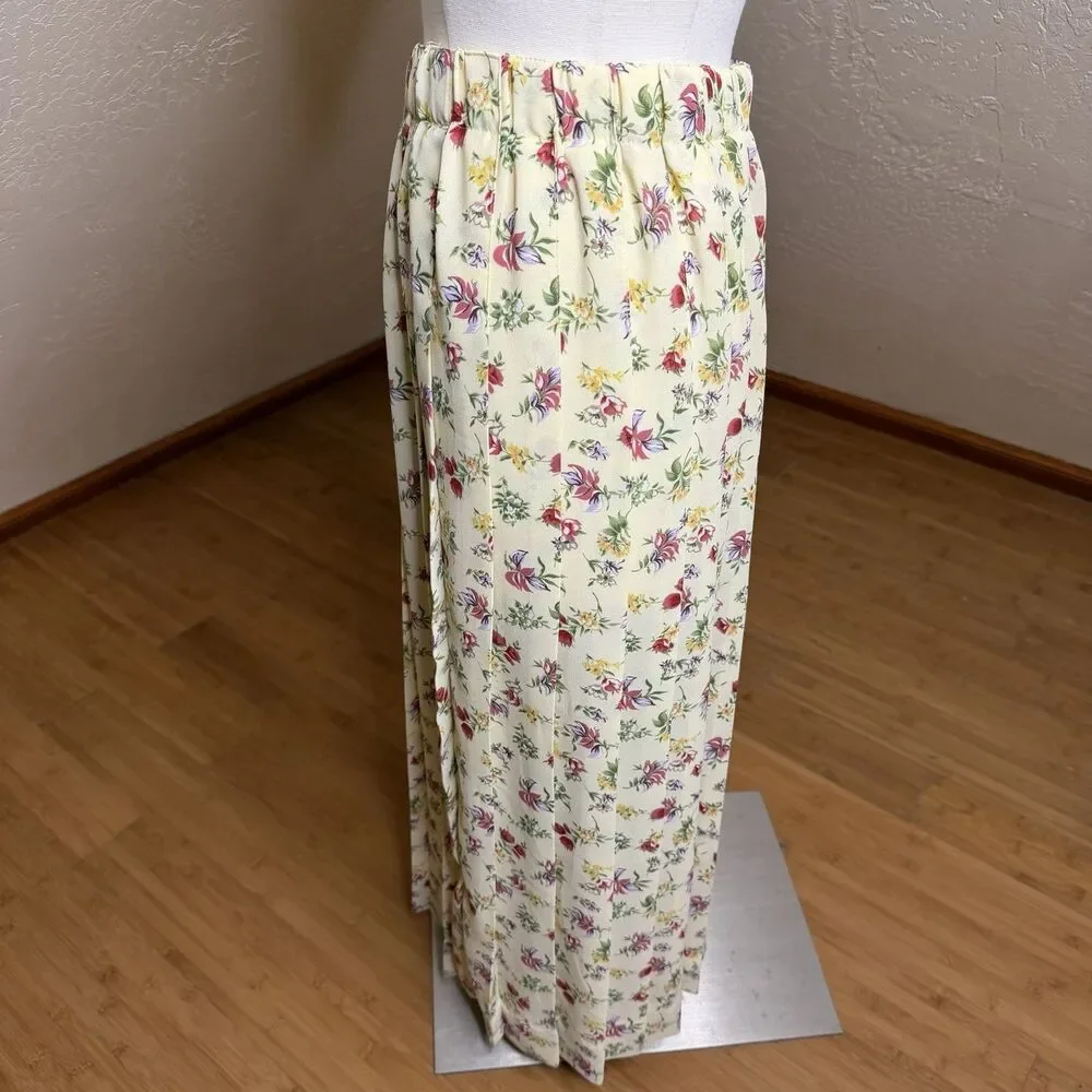 Vintage Susan Bristol Pleated Midi Skirt Womens M Yellow Floral Cottagecore